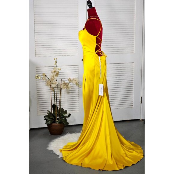 NWT Ellie Wilde Mon Cheri Sunflower Yellow Satin Long Prom Dress Size 16 1751 - Picture 14 of 16